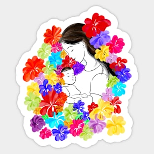 Blossoming Bonds: A Vibrant Celebration of Motherhood and Babyhood Amidst Colorful Florals Sticker